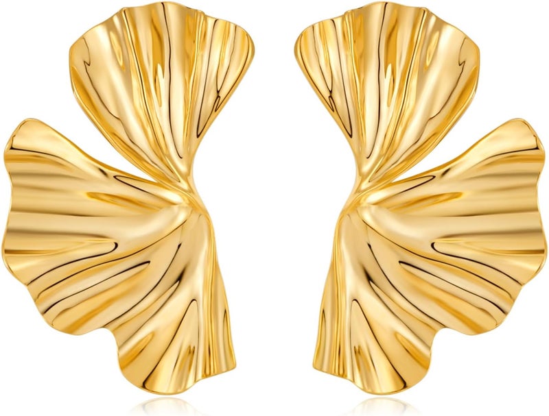 FAUTHENTICUTE Chunky Gold Statement Earrings For Women Gold Plated Sectored Flower Leaf Shell Angel Wing Earrings Large Stud Earrings Hypoallergenic Earrings - Image 1